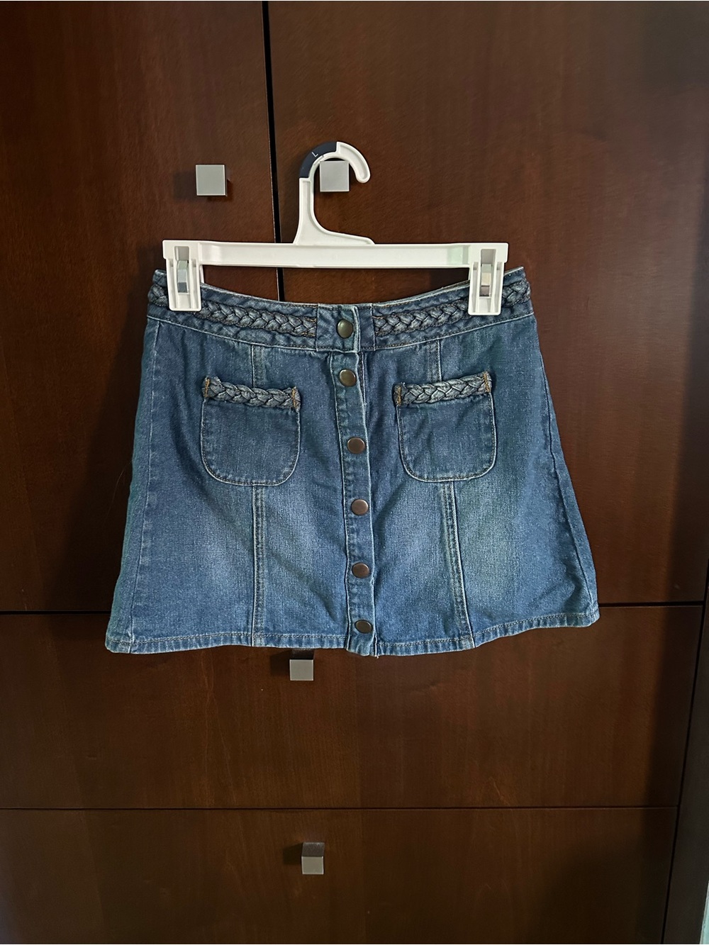 Kendall & Kylie Blue Denim Button-Front Mini Skirt with Braided Trim
